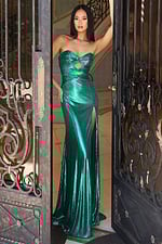 Emerald strapless gown with cutout bodice and high slit