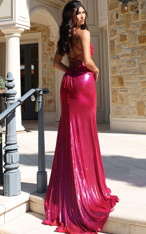 Shiny fuchsia gown with thigh-high slit and form-fitting silhouette