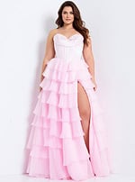 Strapless Pink Ball Gown with Corset Bodice and Ruffle Skirt