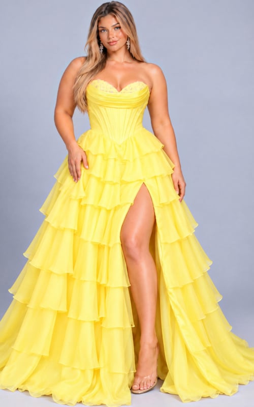 Yellow tiered ruffle chiffon gown with high slit, plus size, Jovani style 47762