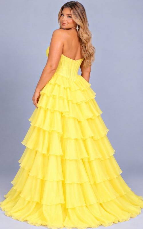 Yellow tiered ruffle chiffon ball gown, plus size, Jovani style 47762