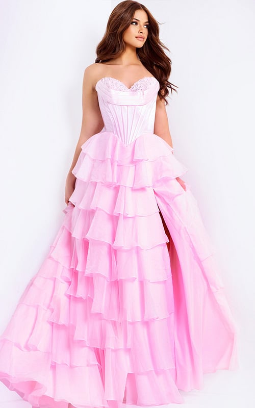 Romantic light pink ruffled prom dress