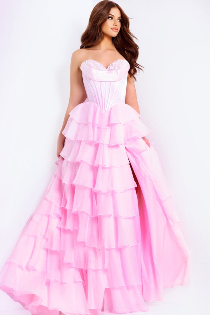 Romantic light pink ruffled prom dress