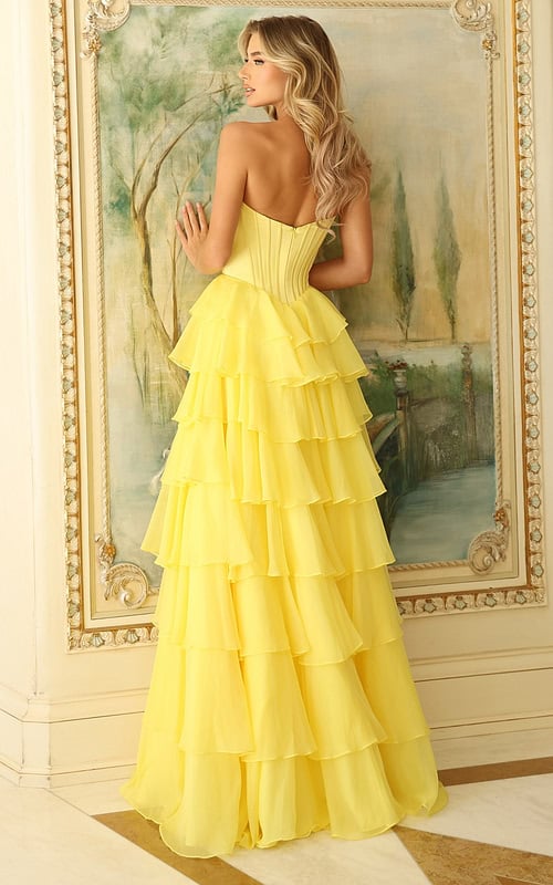 Flowing tiered gown with structured bodice design