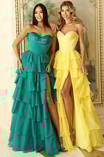 Strapless tiered ruffle gowns with corset bodices and floor-length skirts
