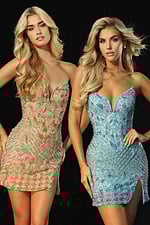 Two strapless beaded mini dresses with sweetheart necklines and fitted silhouettes