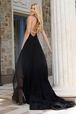 Beaded halter prom dress with high slit and sweeping chiffon train