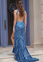 Blue backless high slit dress 47793