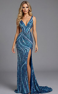 v neckline high slit blue dress 47793