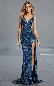 v neckline blue embellished dress 47793