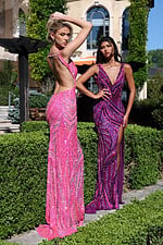 deep v purple sequin gown with side cutouts