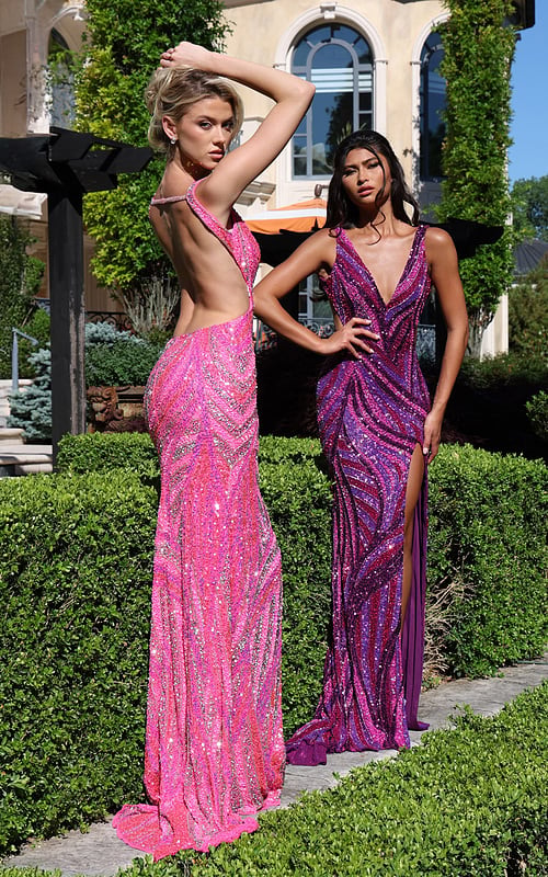 deep v purple sequin gown with side cutouts