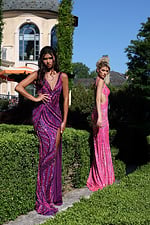 deep v purple sequin gown with side cutouts