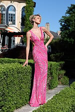 deep v purple sequin gown with side cutouts