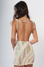 back view of nude multicolor sequin fitted short homecoming dress with plunging V neckline and side cutouts, Jovani style 47794