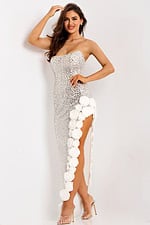 Evening dress with 3D flower detailing along the slit
