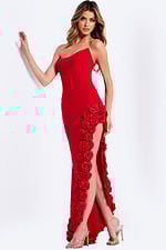 Strapless red evening dress with cascading roses