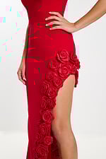 Mid-section view highlighting 3D floral appliques on red dress