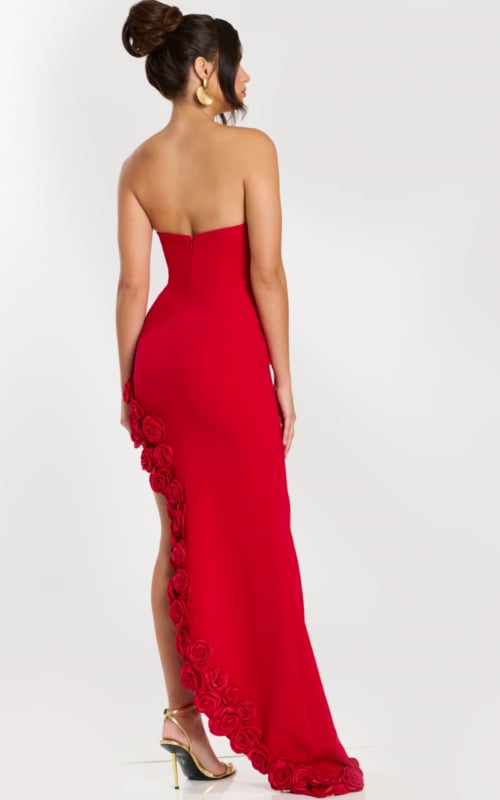back of strapless red dress with rosette details 47798