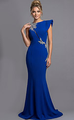 Front view of a fitted one shoulder gown with structured draping and crystal embellishment