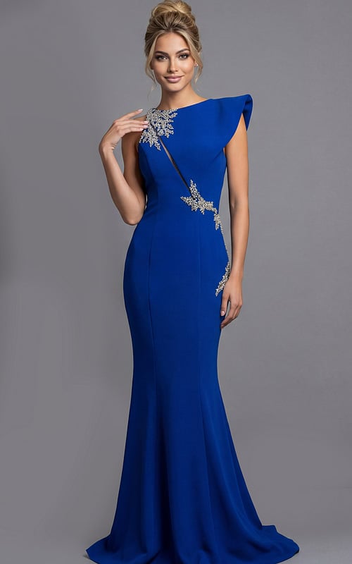 Front view of a fitted one shoulder gown with structured draping and crystal embellishment