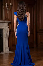 Back view of fitted gown with crystal detailing and clean tailored finish