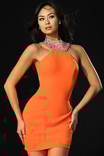 Fitted halter mini dress with crystal-embellished neckline