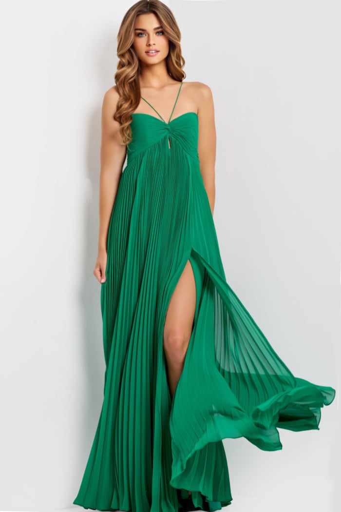 Pleated Chiffon Gown With Slit and Spaghetti Straps 47820