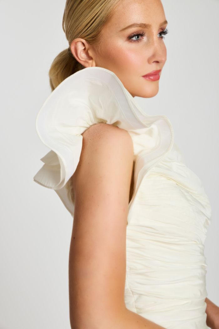 ruched bodice one shoulder knee length dress 47823