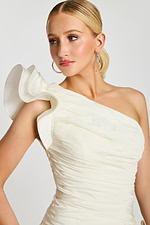 ruffled shoulder fitted mini dress with ruched bodice 47823