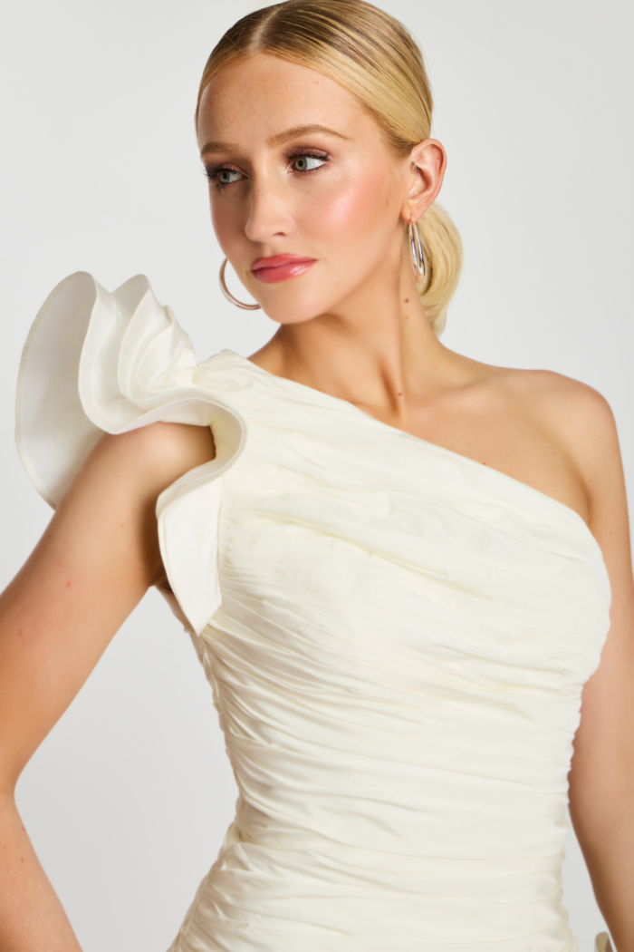 ruffled shoulder fitted mini dress with ruched bodice 47823
