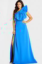 One shoulder gown with an oversized bow detail and high slit, featuring a sleek fitted silhouette and modern statement design.