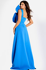 One shoulder blue gown featuring a dramatic oversized bow and flowing A-line skirt, designed for a modern and graceful appearance.