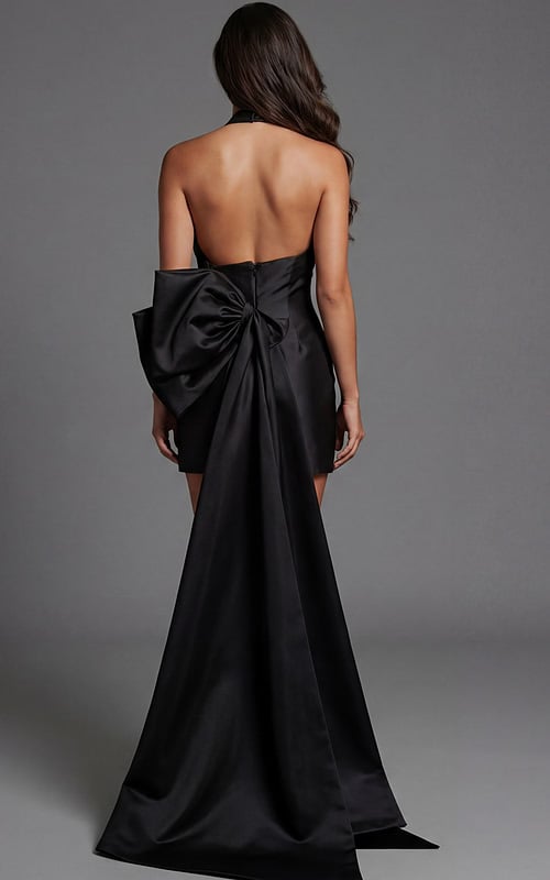 Halter neck mini dress with open back and oversized bow detail