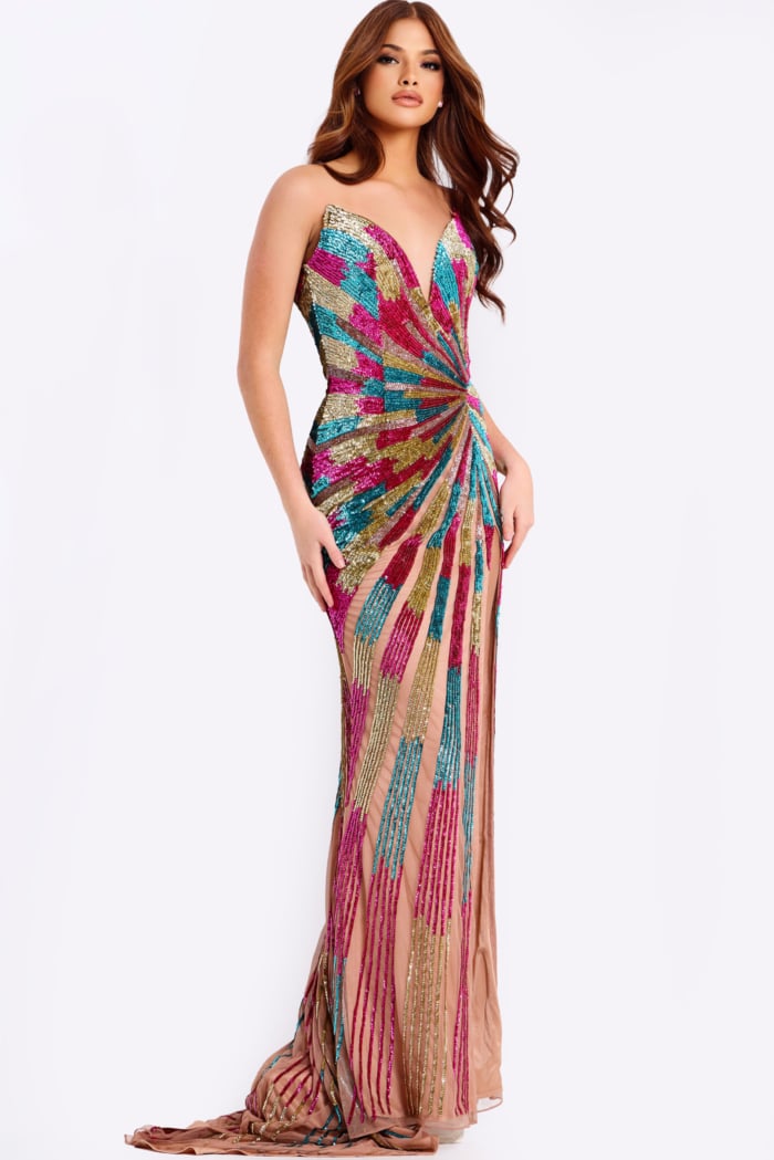 Multicolor strapless sequin prom dress with fitted silhouette