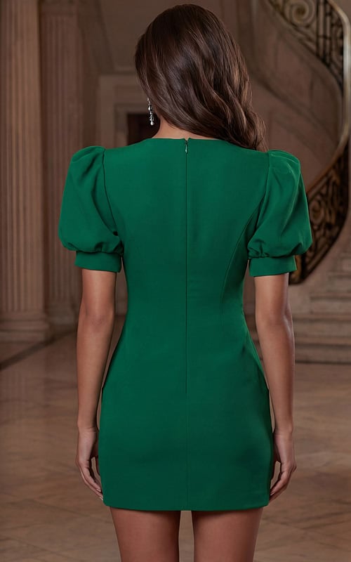 Back view of short fitted dress with puff sleeves and clean center seam