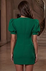 Back view of fitted dress with short puff sleeves and clean finish