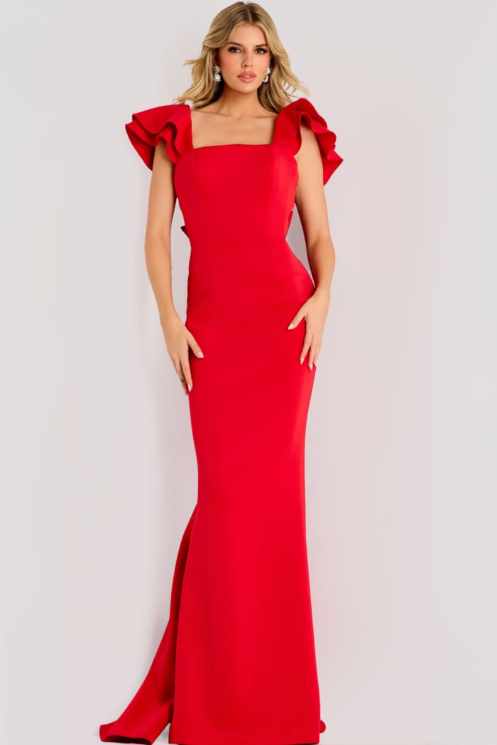 red fitted dress with straight neckline 47844