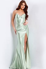 Elegant satin prom dress with spaghetti straps and corset bodice