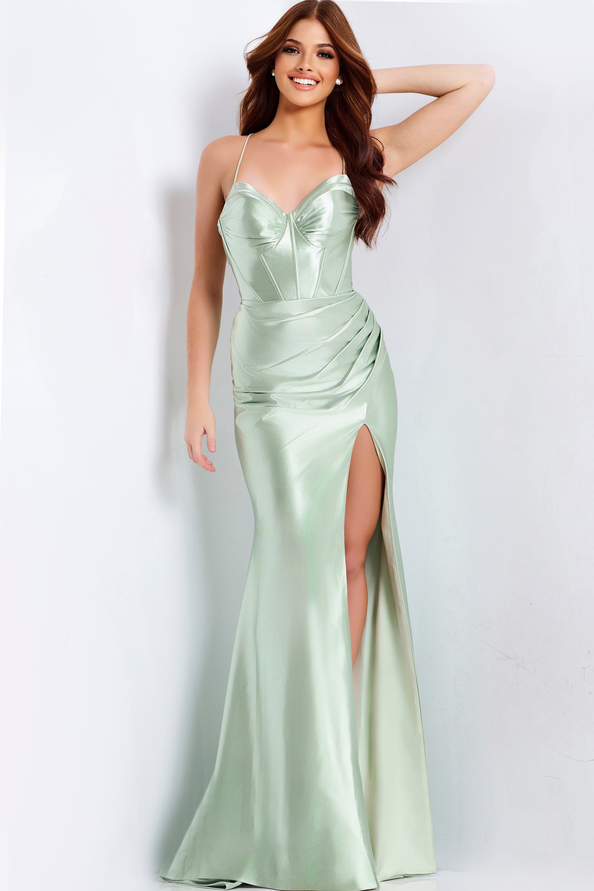 47864-16 Satin corset prom dress with open back and high slit