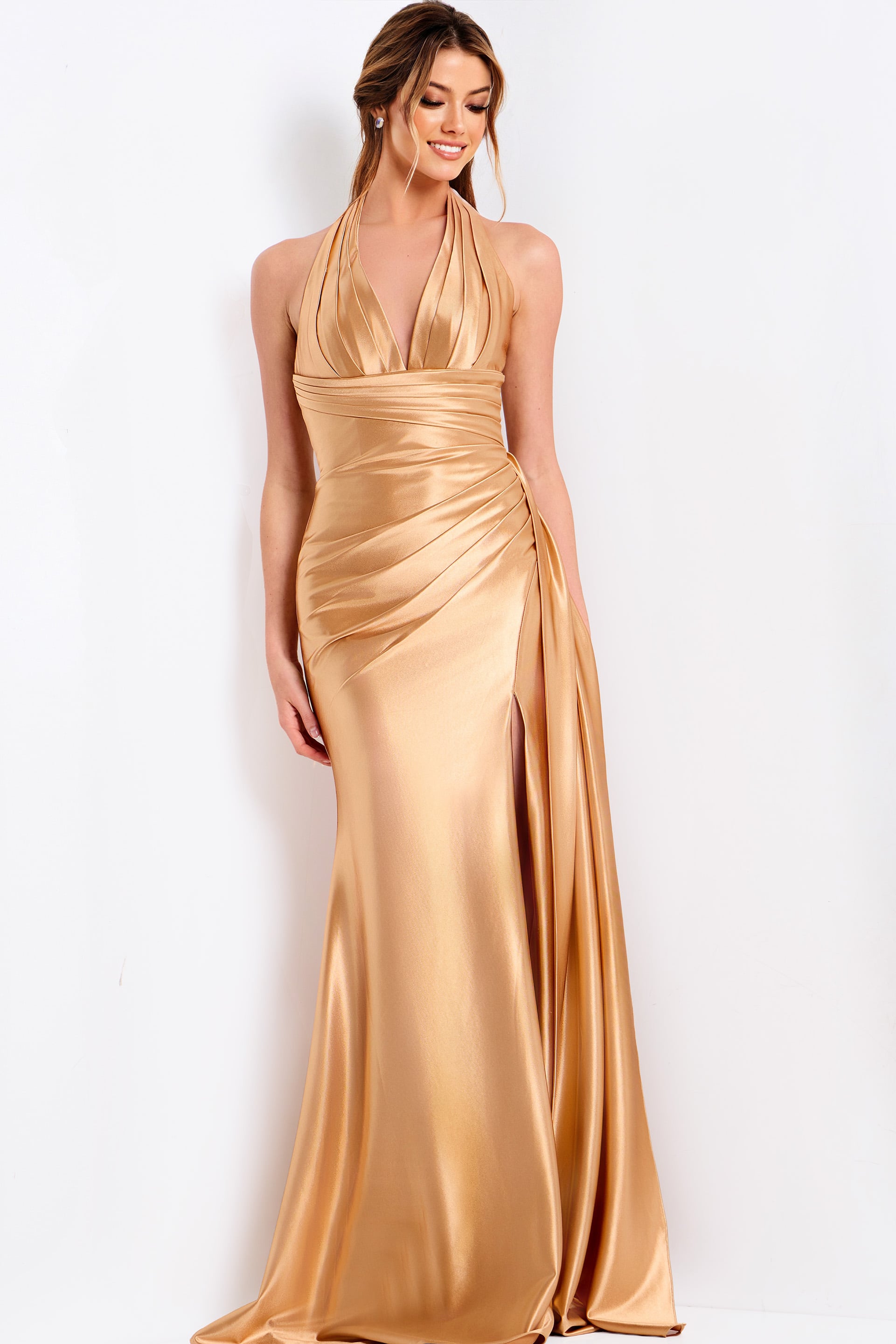 47866-14 gold halter neckline dress 47866