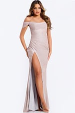 Off-the-shoulder gown with ruched bodice and high side slit.
