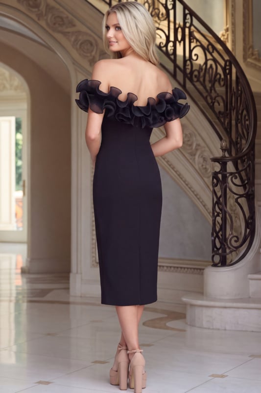 Off the Shoulder Ruffle Neckline Crepe Midi Dress 47871 | Jovani