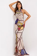 halter evening gown with multicolor beading and open back
