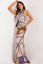 Floor-length sheath gown featuring abstract beaded design