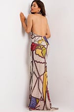 Sleeveless formal dress with open back and artistic pattern