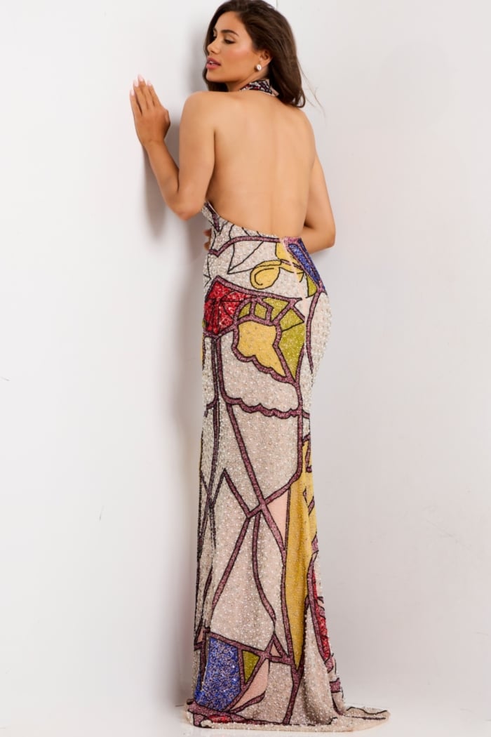 Sleeveless formal dress with open back and artistic pattern