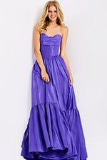 Purple formal gown with structured bodice and full skirt
