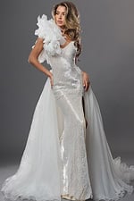 one shoulder gown with oversized floral accent