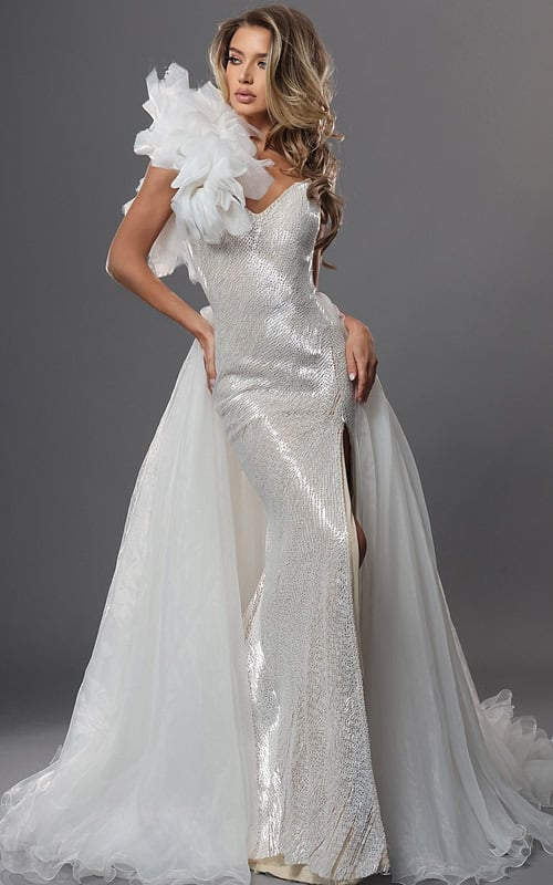 one shoulder gown with oversized floral accent